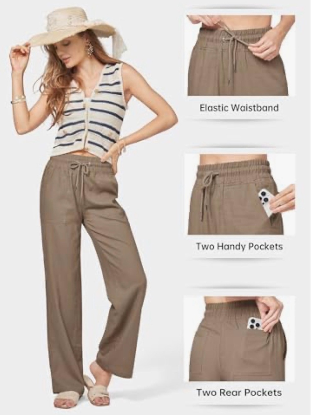 Cato women’s 14/16 Taupe Wide-Leg Elastic Waist linen blend Pants